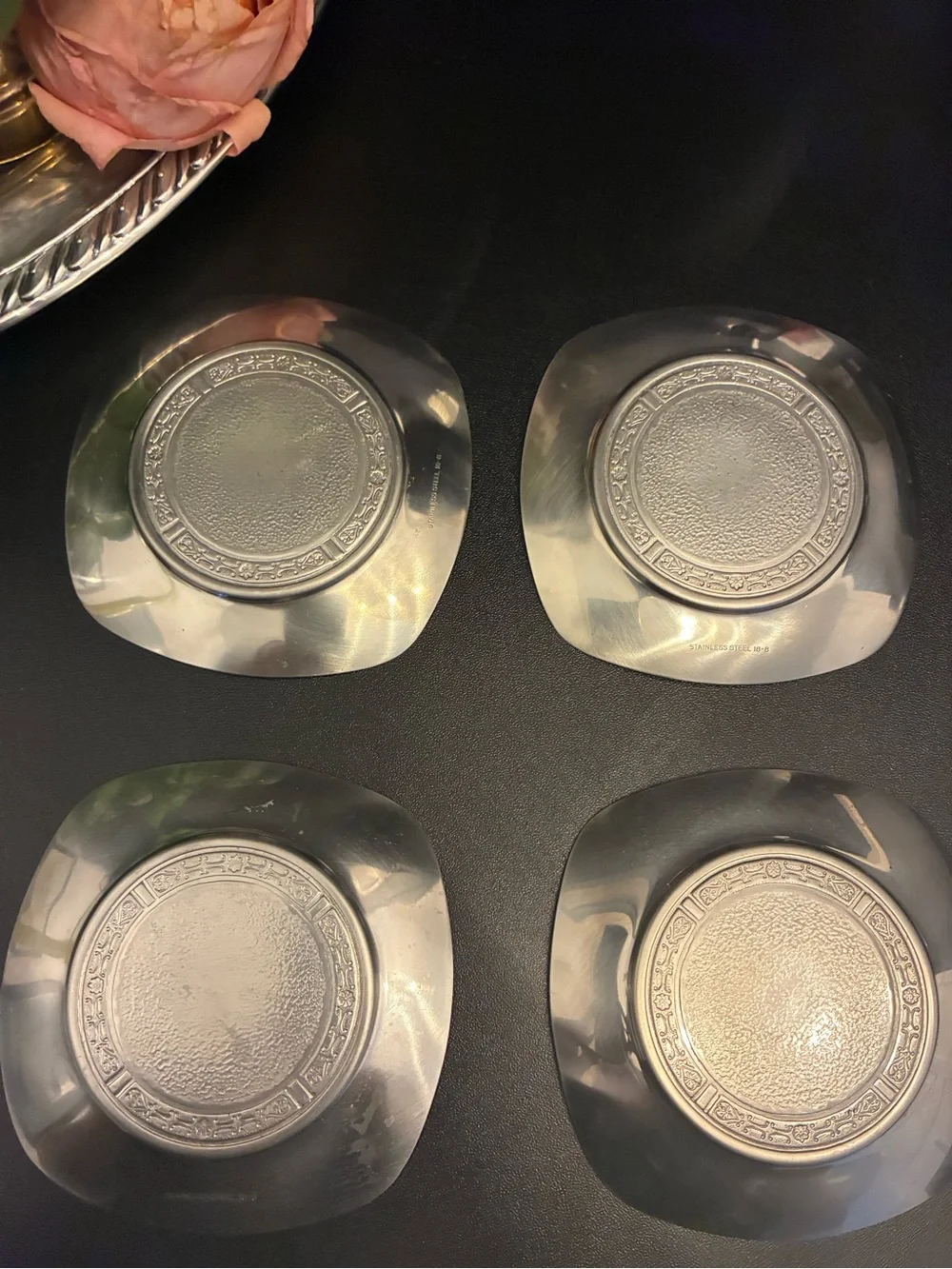 Vintage MCM Cordova Stainless Steel Coasters Set of 4 Coffee Bar Decor 4”x4”